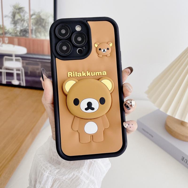 3D стерео силиконовый чехол Rilakkuma для iPhone 15/16/17 с подставкой, противоударный, милый мультяшный дизайн