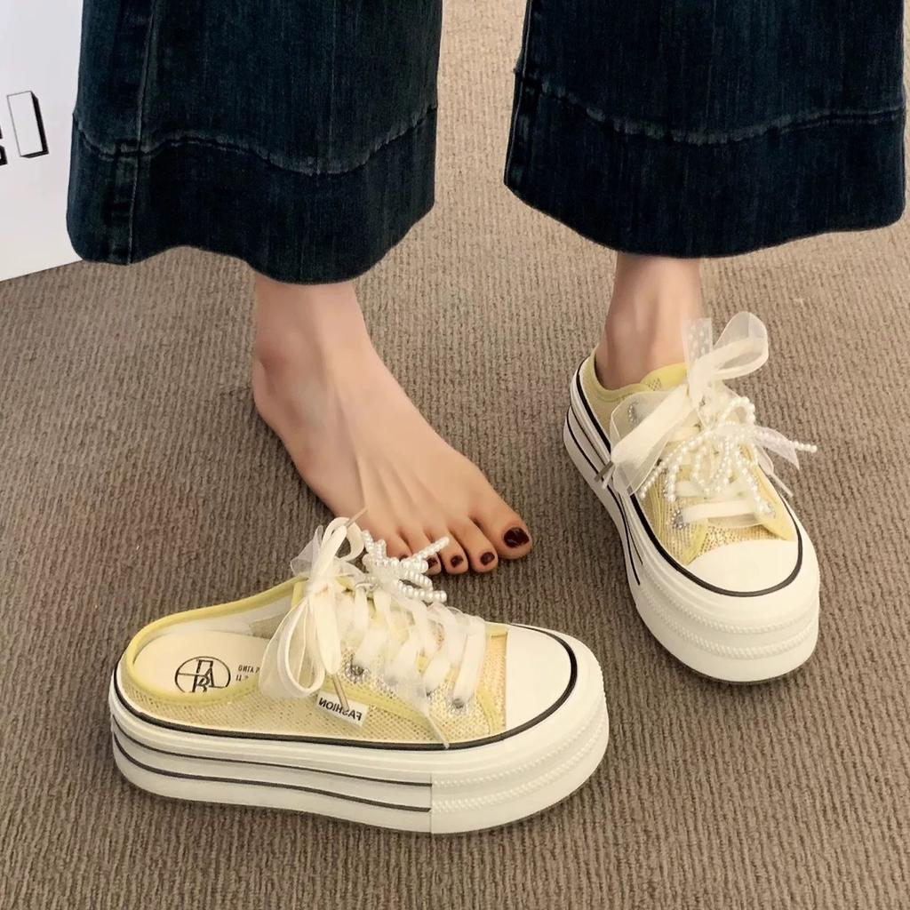 [Armano] Thick-soled Bag Head Half Slippers Women's Summer Wear 2025 New Mesh Breathable Little White Board Shoes