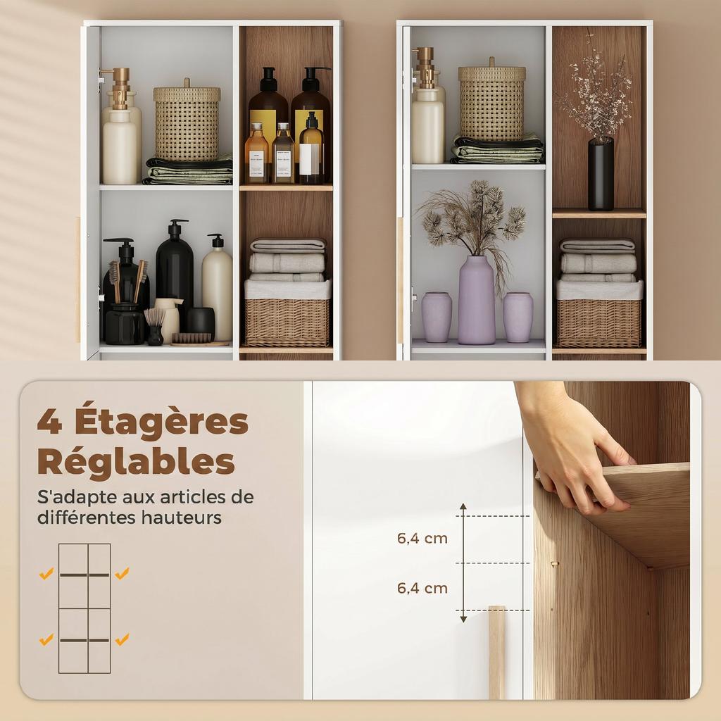 Bathroom Cabinet, 2 Doors, 4 Open Compartments, Adjustable Shelves, White and Natural