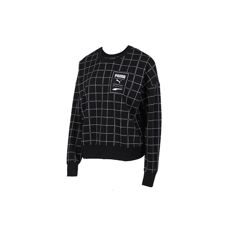 Puma Houndstooth Sport Running Casual Crew Neck Pullover Knit Sweatshirt Women Tops Black 597892-51
