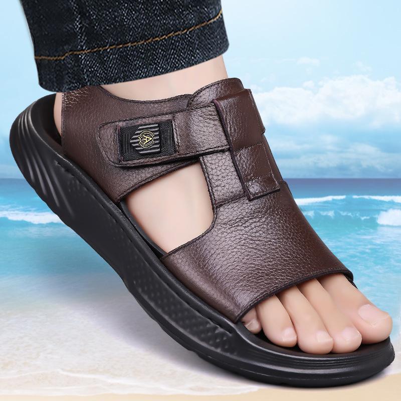 Summer New Leather Sandals for Men Fashion Casual Solid Color Dual-use Beach Shoes Male Soft Sole Designer Slipper Shoes Man