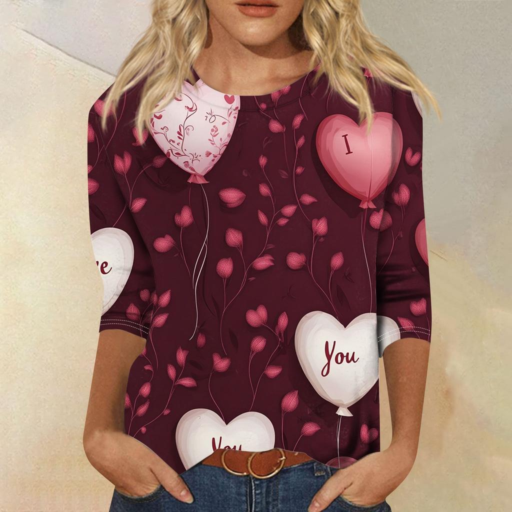 Футболка женская с рукавом 3/4, повседневная футболка с принтом ко Дню святого Валентина, джемпер с круглым вырезом