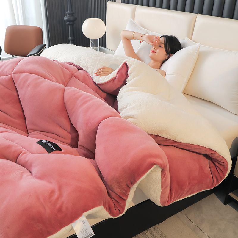 Теплый зимний стеганый одеяло из шерсти ягненка и набор с плюшевым пододеяльником - Уютное флисовое одеяло для общежитий и одиночных комнат