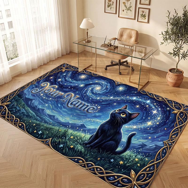 Cat Theme Crystal Velvet Floor Rug Personalized Custom Name Text Warm Carpet Home Decoration