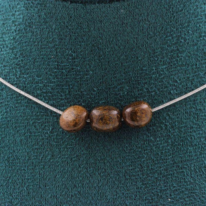 Pierres et Minéraux. Collier 3 perles Bronzite du Brésil. Chaine en acier inoxydable Collier femmes, hommes. Taille personnalisable.
