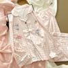 Japanese Girls' Pink Grid Kitten Pajamas Spring and Autumn Cardigan Lapel Set Can Be Worn Outside Loungewear Two-piece Set