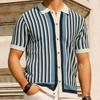 Summer Men's Luxury Knitted Polo Shirts Casual Vintage Button Lapel Shirts Striped Splicing Color Short Sleeve