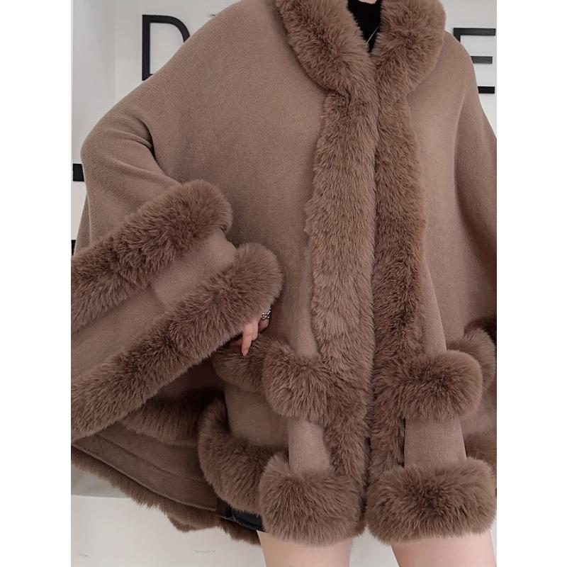 Women 2 Circle Faux Rabbit Fur Cape Poncho Winter Loose Warm Shawl Outerwear Cashmere Cloak Overcoat
