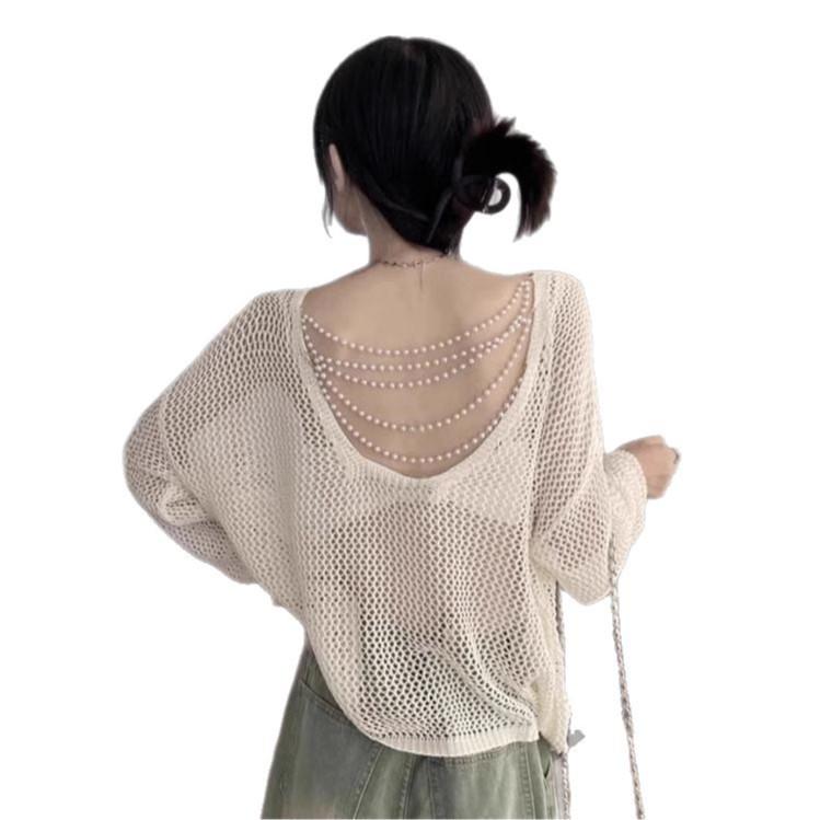 Sunscreen Knit Cardigan: Women's Backless Pearl Thin Long Sleeve Pullover for Summer & Early Autumn
