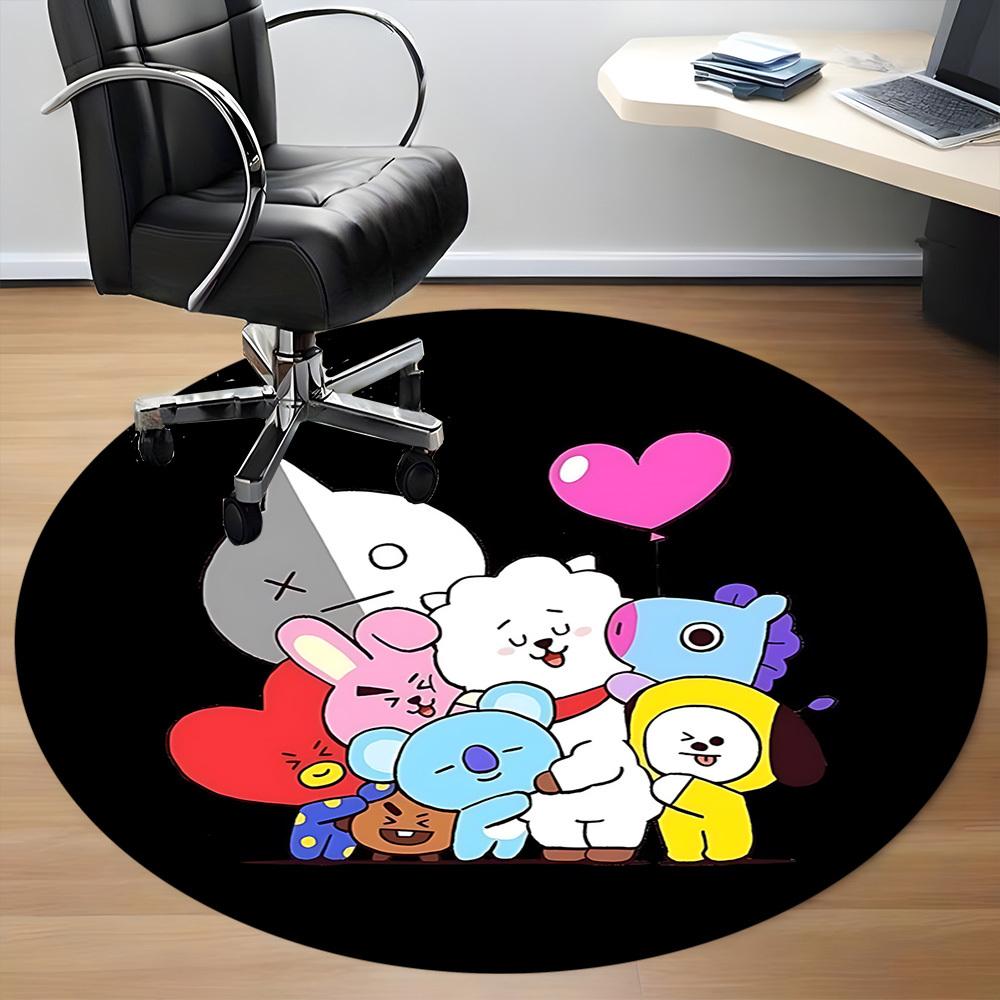 1 шт. Круглый коврик BT21 для офиса - Идеально подходит для декора офиса или кабинета, Машинная стирка, Нескользящая основа, Декоративный коврик для пола