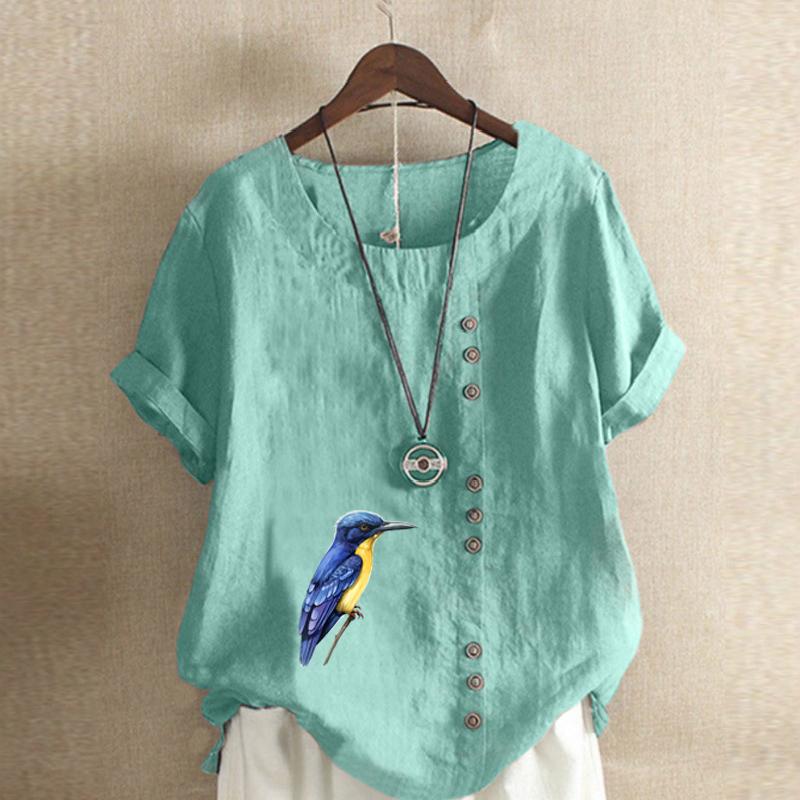 Women's Fashion Bird Prined Round Neck Short Sleeve T-shirt Casual Cotton Linen Graphic Shirt Leisure Loose Summer Blouse Tops