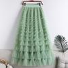 Women Cake Skirt Solid Color Mid-Waist Long Skirt with Elastic Waist Mesh