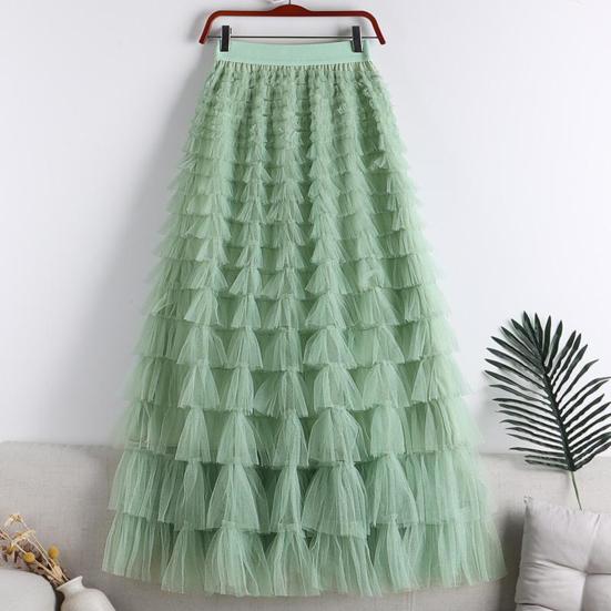 Women Cake Skirt Solid Color Mid-Waist Long Skirt with Elastic Waist Mesh