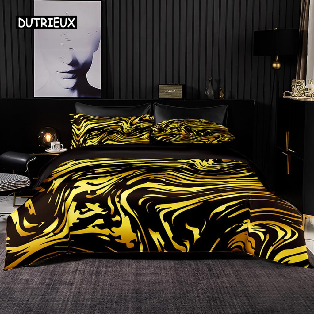 Textured Black Gold Floral Duvet Cover Set with Pillowcases Premium Bedding for Adults Men Women Gifts Bedroom Decoration