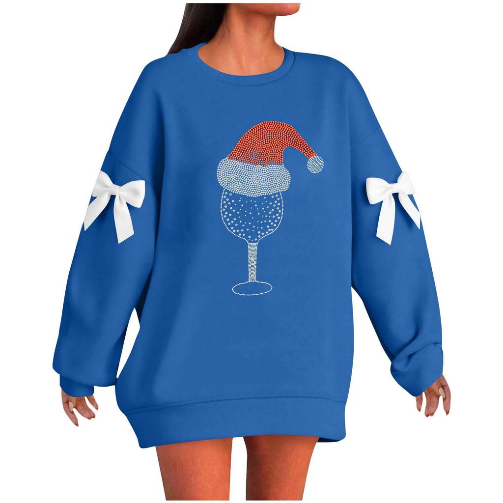 Ladies' Christmas Printed Bow Round Neck Long Sleeved Loose Pullover Sweater Sweatshirt Top