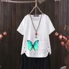 Animal Butterfly Print V-neck Cotton Hemp T-shirt for Women - 2025 Summer Casual