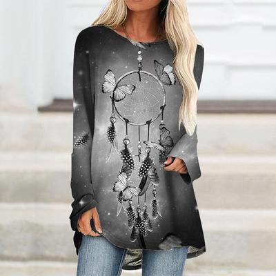 Женский топ, толстовка с принтом бабочки, повседневная уличная одежда с рисунком, с круглым вырезом и длинными рукавами, базовая футболка для выходного дня