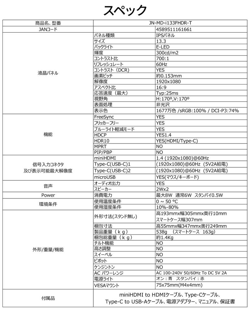 Refurbished JAPANNEXT Mobile Monitor with IPS Full HD 1920x1080 Smart Case 13.3-inch Panel, Resolution, (USB/Type C/Mac Compatible, Built-in Speakers,