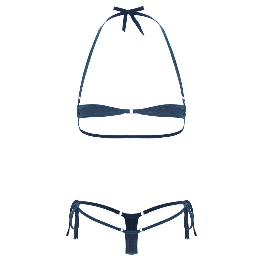 Женский двухсекционный микро-бикини с завязками на шее, трусики-стринги с низкой посадкой, кружевной купальник, пляжная одежда, нижнее белье