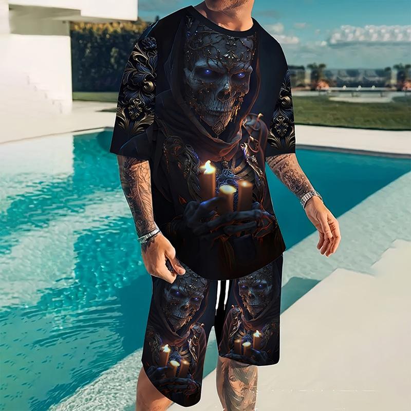Мужской костюм, летний повседневный дышащий освежающий костюм с принтом 3D волка, свободный мужской топ, модный, короткие рукава