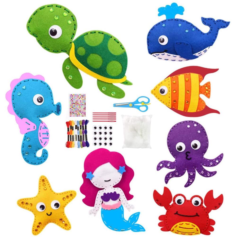 8 Pcs Children Felt Sewing Kit Ocean Animals DIY Art Craft Felt Set Beginners Sewing Set for Boys
