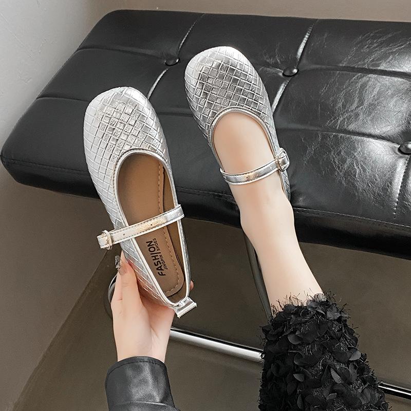 French Flats Silver Single Shoes Women's Summer 2025 New Models with Skirts Light Mouth Mary Jane Shoes Small Leather Shoes Evening Shoes