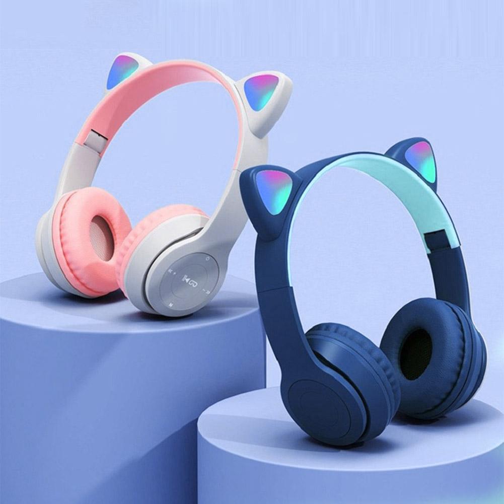 Wireless Bluetooth Headphones Cute Cat Ear Gaming Headset with LED Flash Light Helmets Stereo Bass Music Headsets For Girl Gifts