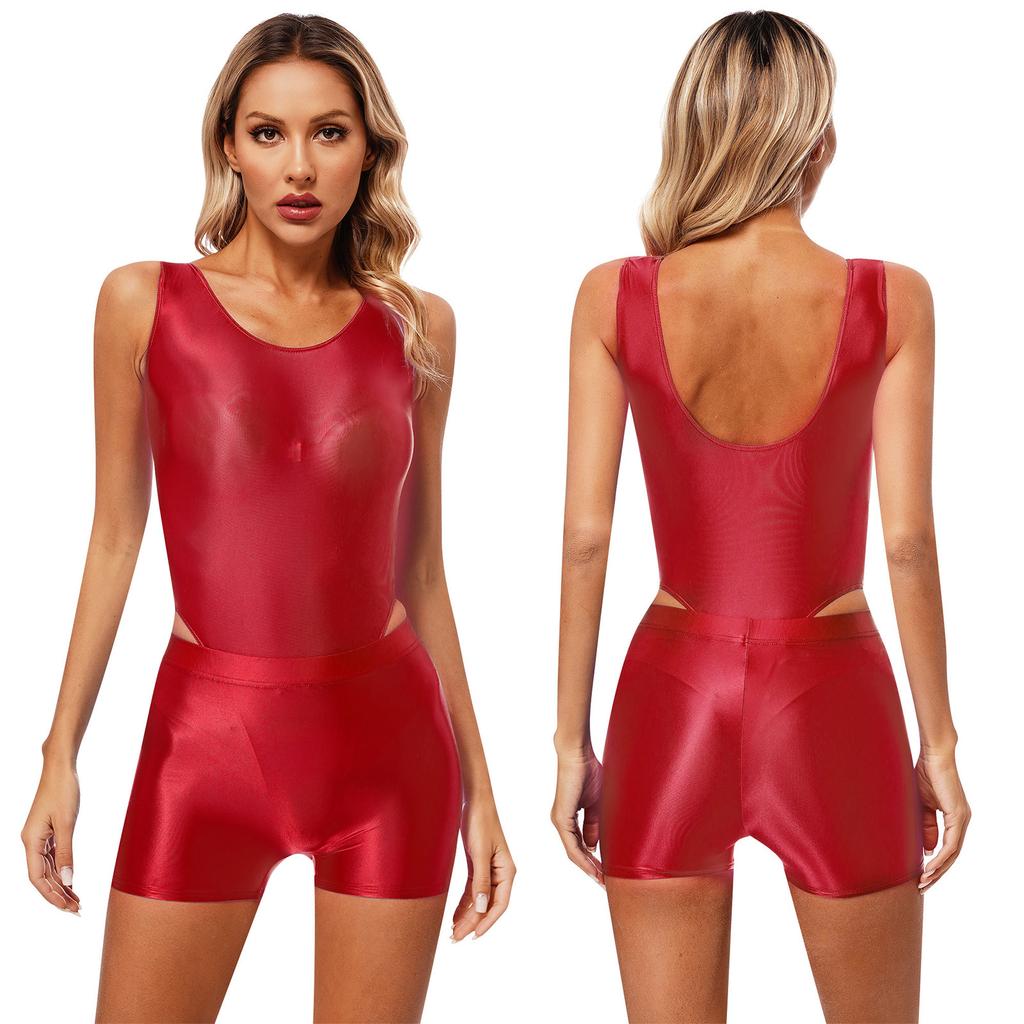 Womens Glossy Swimsuit Two Piece Swimwear Sleeveless Bodysuit Mid Waist Shorts Yoga Fitness Swimming Suit