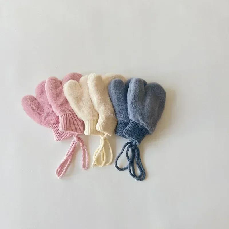 Baby Cartoon Bear Label Mittens Winter Warm Kids Girls Gloves Soft Fur Children Toddler Thick Child Fleece Cartoon Mittens 1-4Y