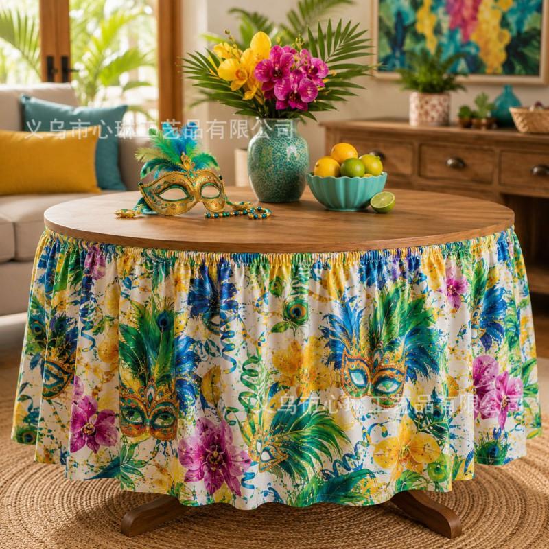 Tropical Plant Print Round Tablecloth Carnival Party Decor Festive Table Skirt In Geometric Abstract Design