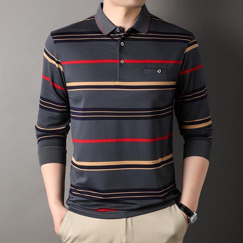 Men's Autumn Striped Long-Sleeve Collared Shirt - Loose Fit for Middle-Aged & Elderly