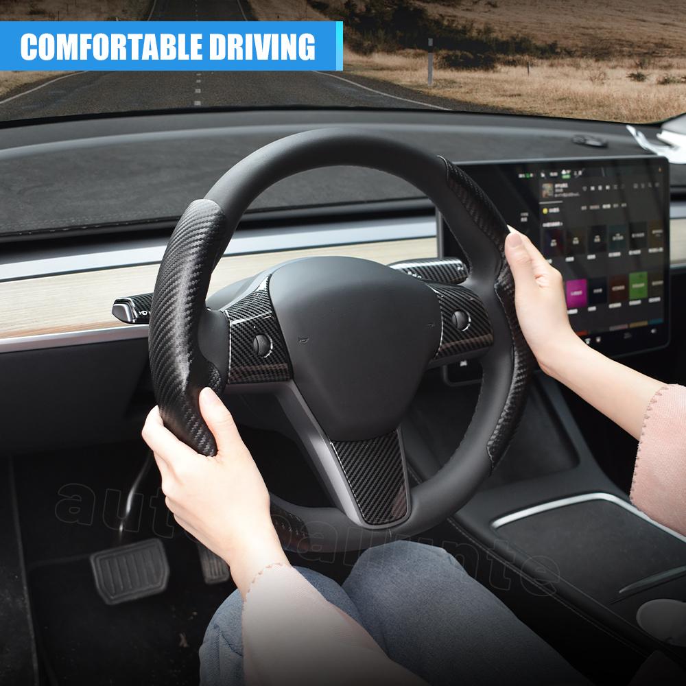 For Tesla Model 3 Model Y 2023 2022  Accessories Carbon Fiber Sticker Car Steering Wheel Cover Gear Shift Cover
