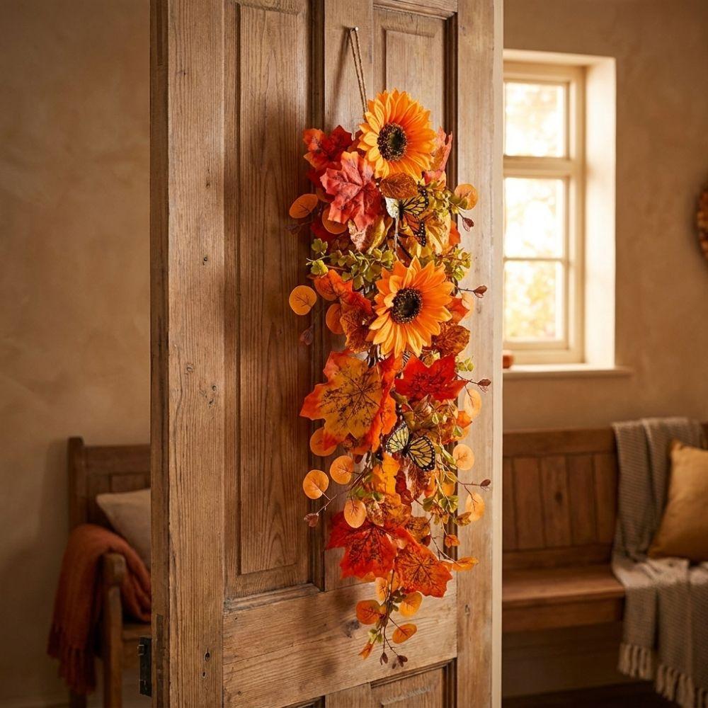 Rustic Artificial Fall Wreath Lifelike Fall Sunflower Teardrop Swag Outdoor Wall