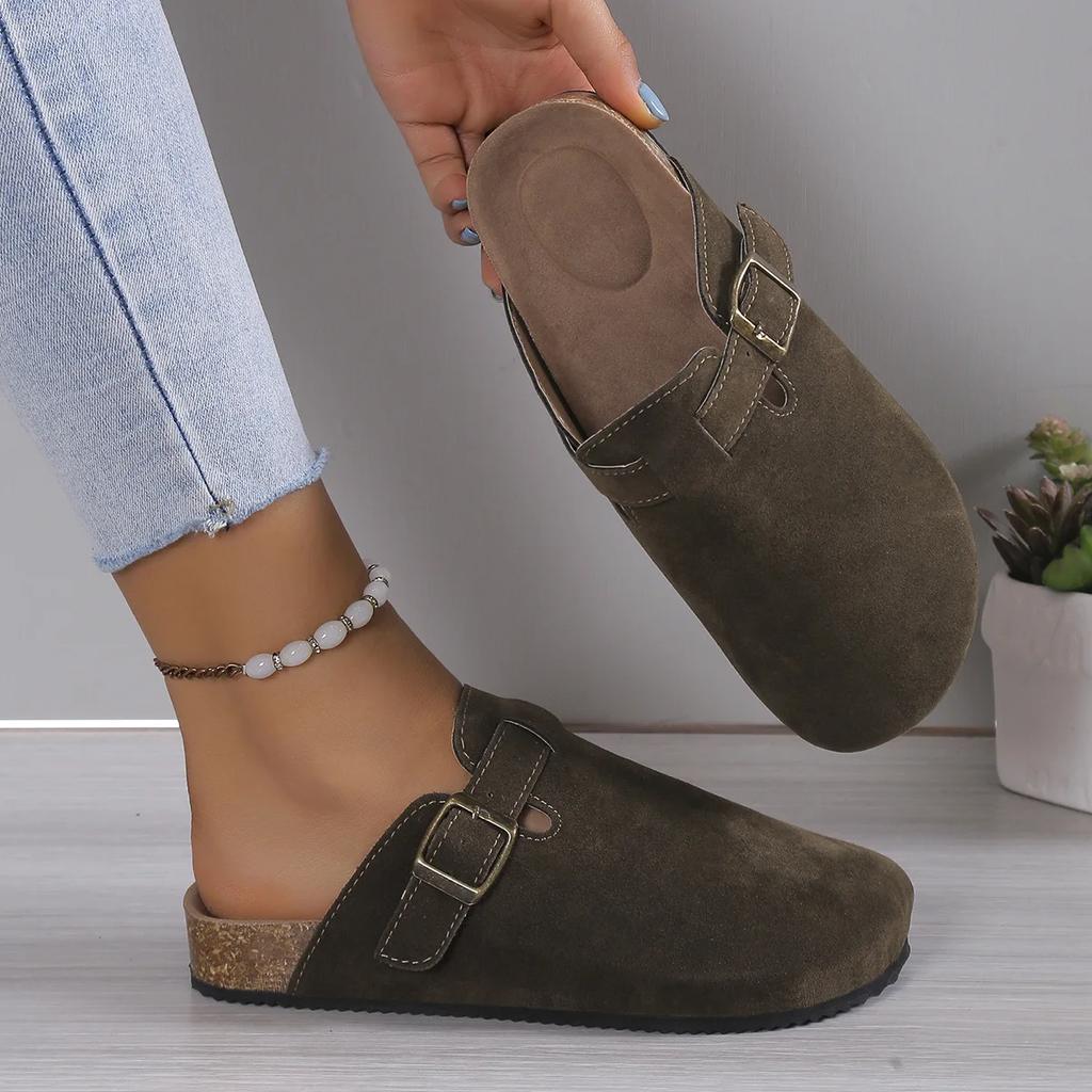 Fashion Autumn Winter Size 45 Mules Modern Sandals Buckle Shoes Strap Concise Retro Outside Flat with Women's Slippers Zapatos