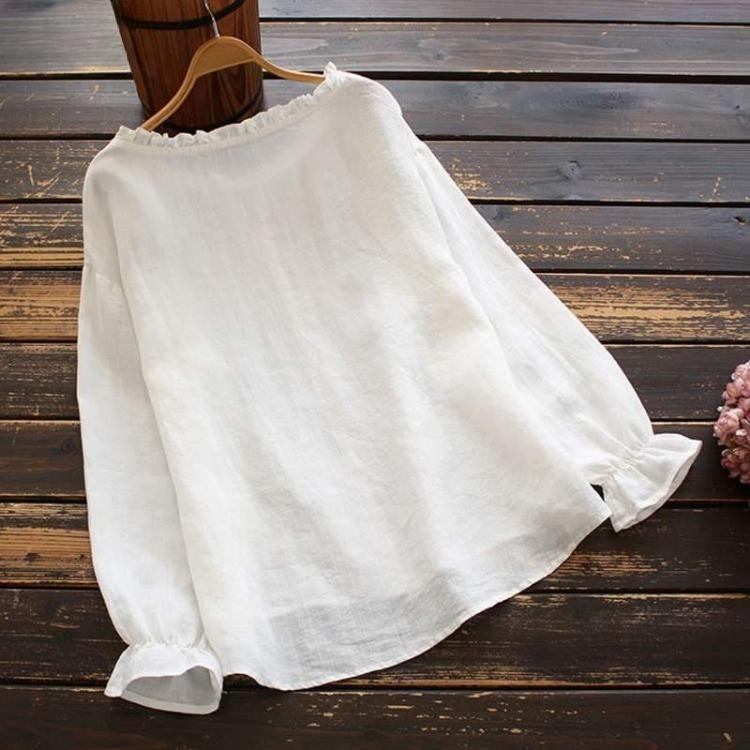 Винтажная хлопковая блузка с цветочной вышивкой, с длинным рукавом, свободного кроя, повседневный топ с оборками, женская рубашка, осенняя рубашка