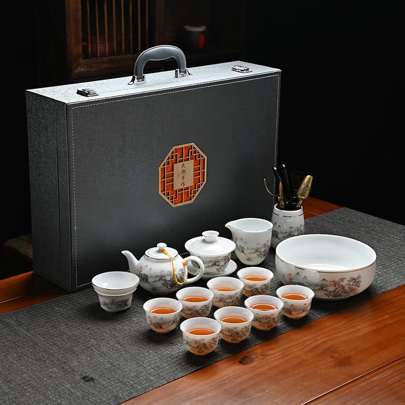Thin tire tea set, sweet white cover bowl, Dehua suet jade Han white porcelain kung fu tea simple blue line tea ceremony accessories