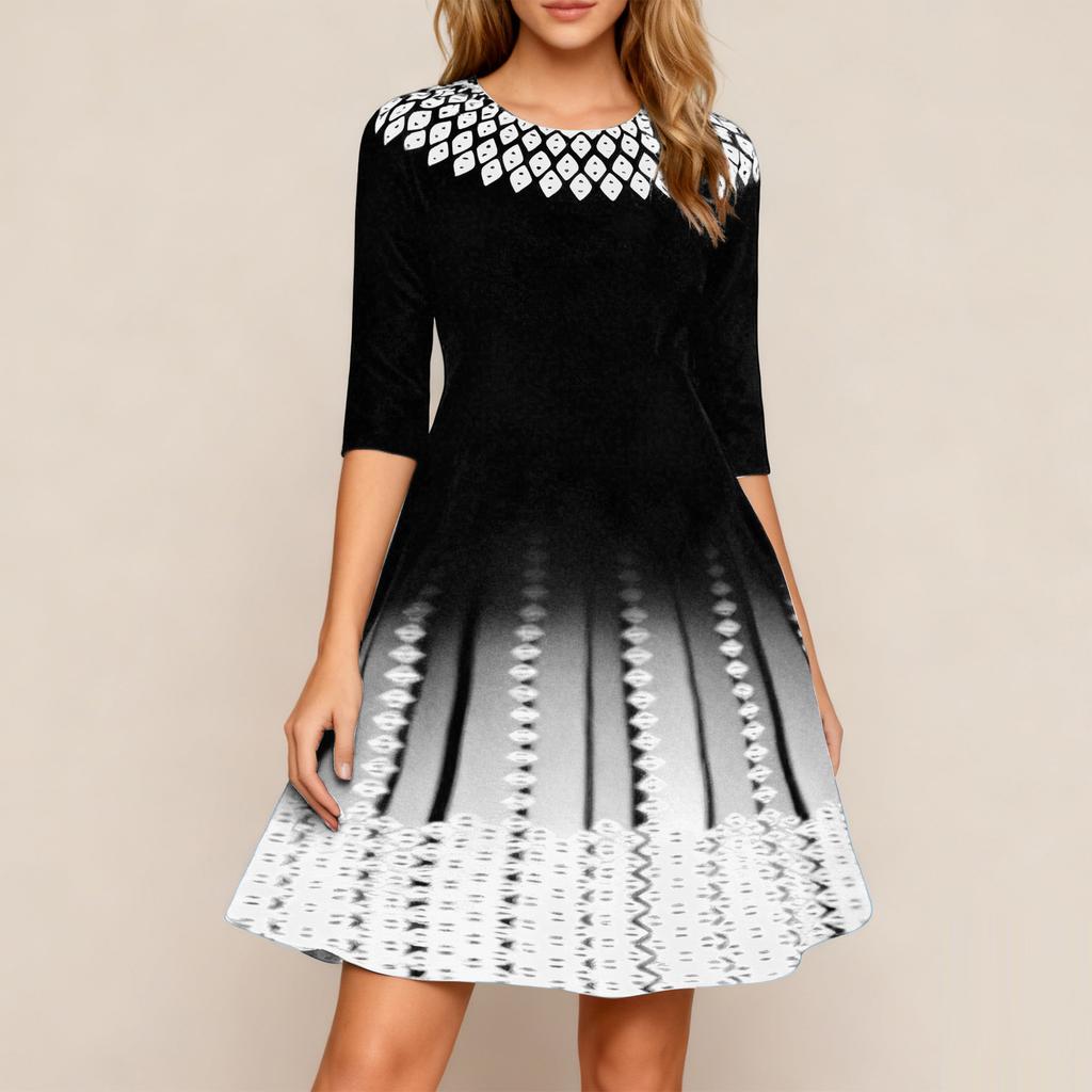 Ladies' Printed Fashionable And Personalized Mid Sleeve Waist Dress