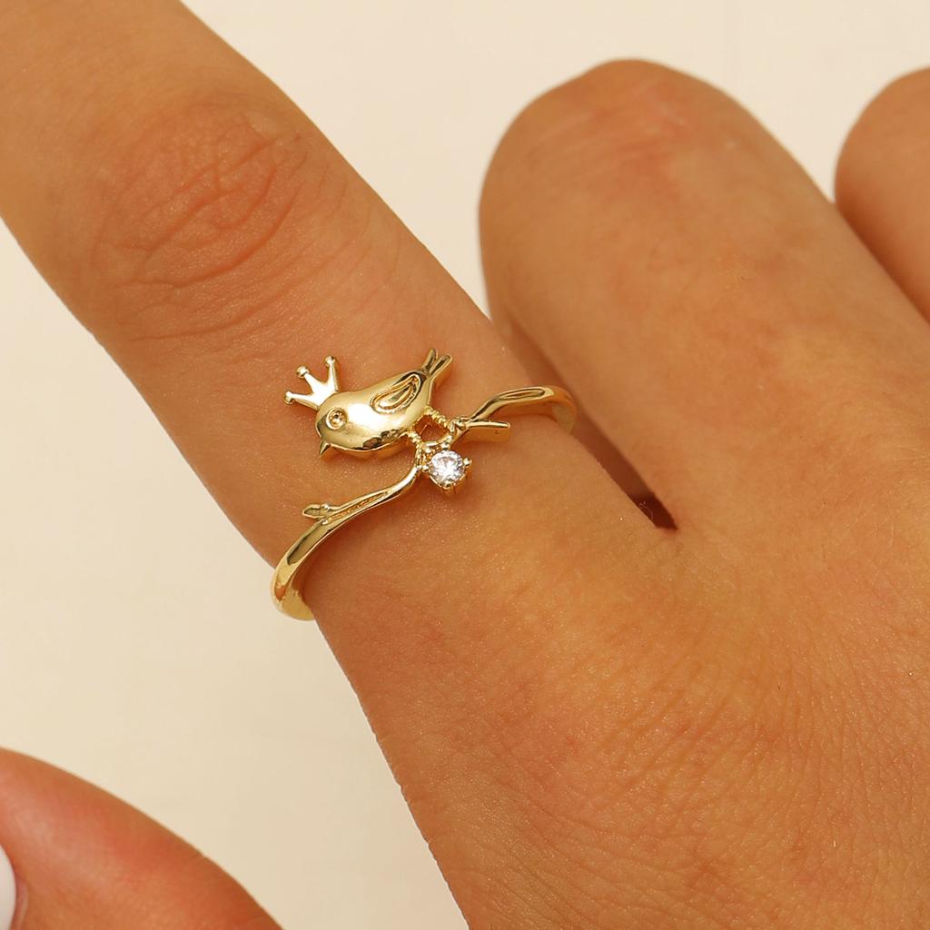 Exquisite Charm Gold Color Inlay Zircon Crown Little Bird Branch Opening Ring for Woman Stainless Steel Cute Animal Jewelry Gift