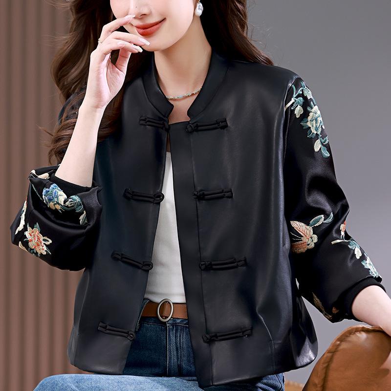 Leather Jacket Women's Spring and Autumn New Casual New Chinese Style Light National Style High-end Short Button Top
