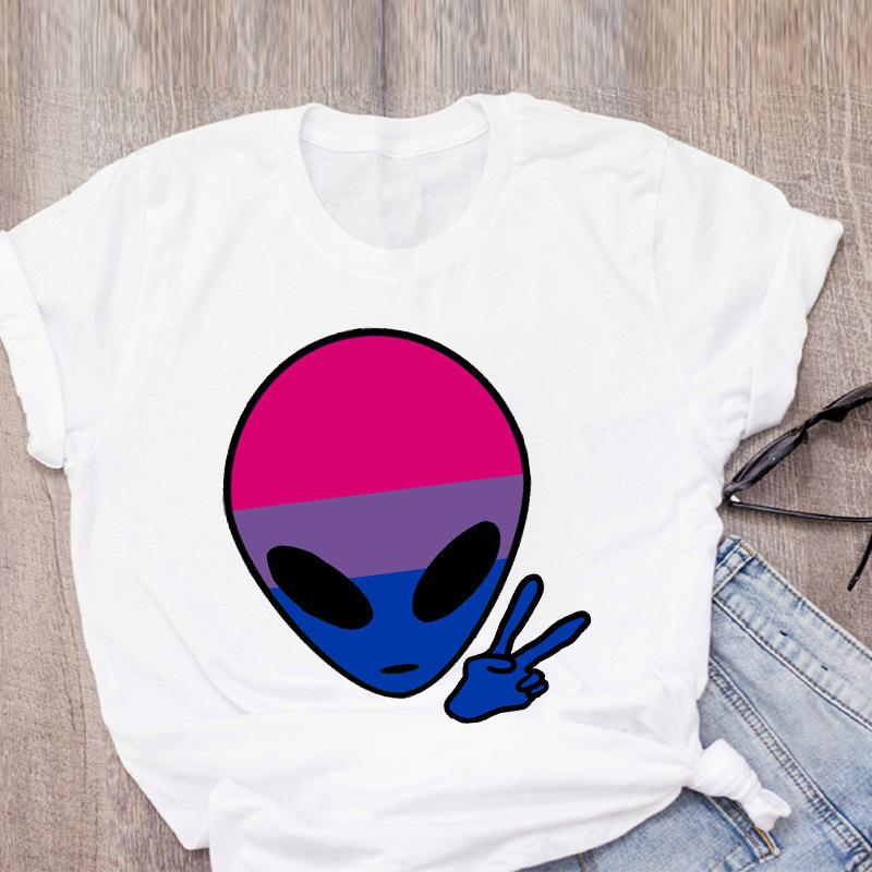 Футболка с принтом в виде мультяшного инопланетянина радужного цвета с коротким рукавом, женская одежда