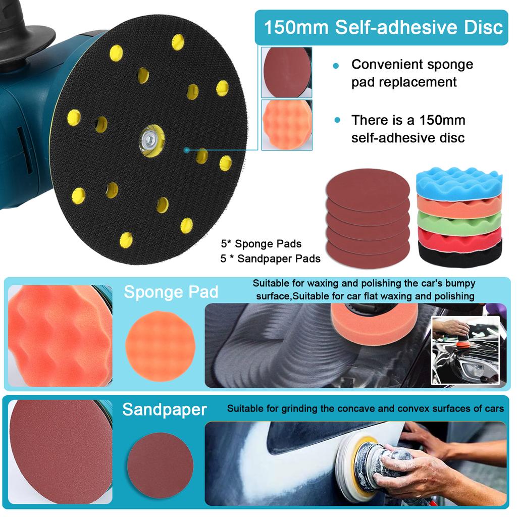 150мм Бесщеточный двигатель Аккумуляторная орбитальная шлифмашина Инструмент для шлифовки дерева Электрическая полировальная машина для автомобиля