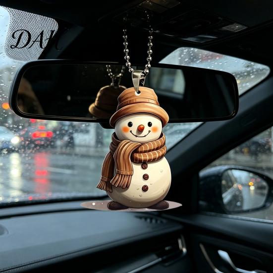 Indoor Holiday Home Ornament Cute Snowman Acrylic Pendant, 2D Flat Car Rearview Mirror Hanging Charming Winter Decoration with Keychain Ring,