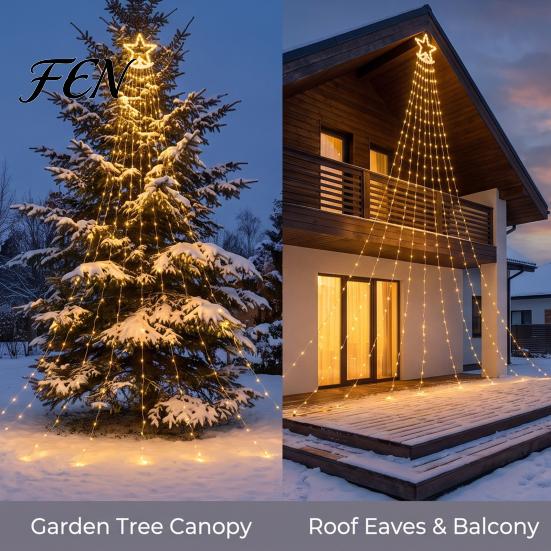Outdoor Christmas Star Lights Solar Tree Waterfall Light, 11.5FT 346 LED Powered String Light Lawn Lamp Decor with Moon Topper for Garden, Yard,