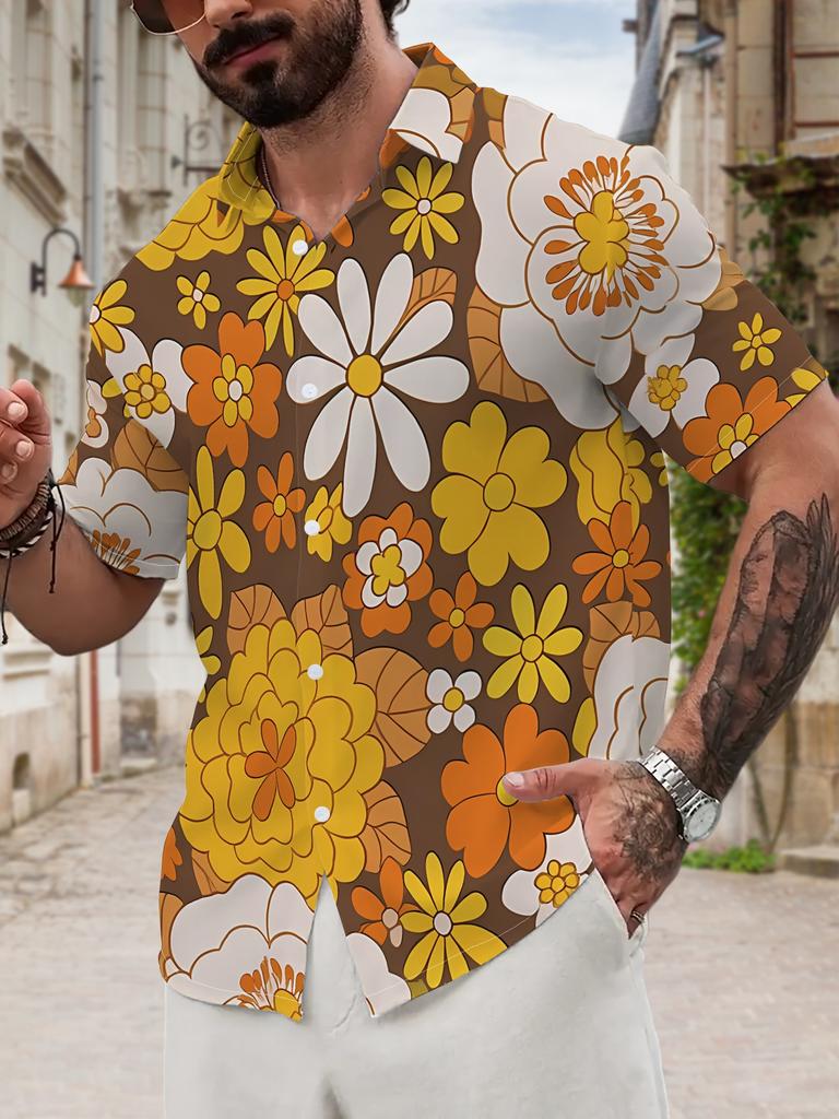 New Men's Casual Short-Sleeve Shirt with Warm-Toned Vintage Floral Cluster, Full of Autumn Vibes, Versatile Casual Top for Festivals, Parties, and