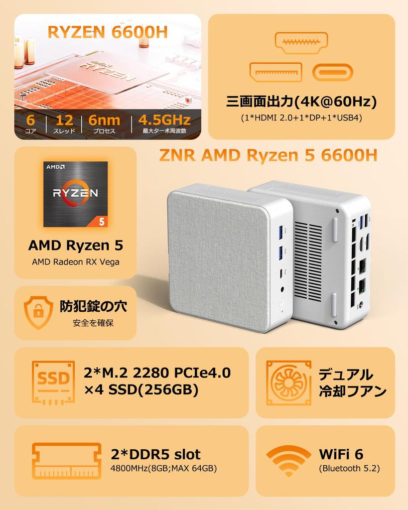 YCTipc Mini PC Ryzen 5 6600H LAN 8GB 256GB NVMe Mini PC Up To WiFi Bluetooth Dual Full USB 4 Triple Display Output [Two 2.5G Ports] DDR5, SSD, 6C/12T,