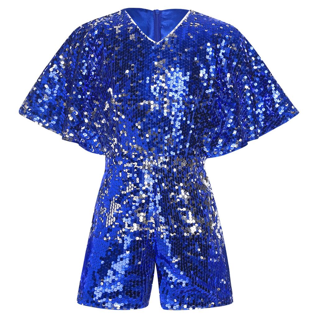 Девушки Блестящий Комбинезон с Пайетками V-образный вырез Рукав-колпачок Боди Костюм для Выступлений на Сцене на День Рождения