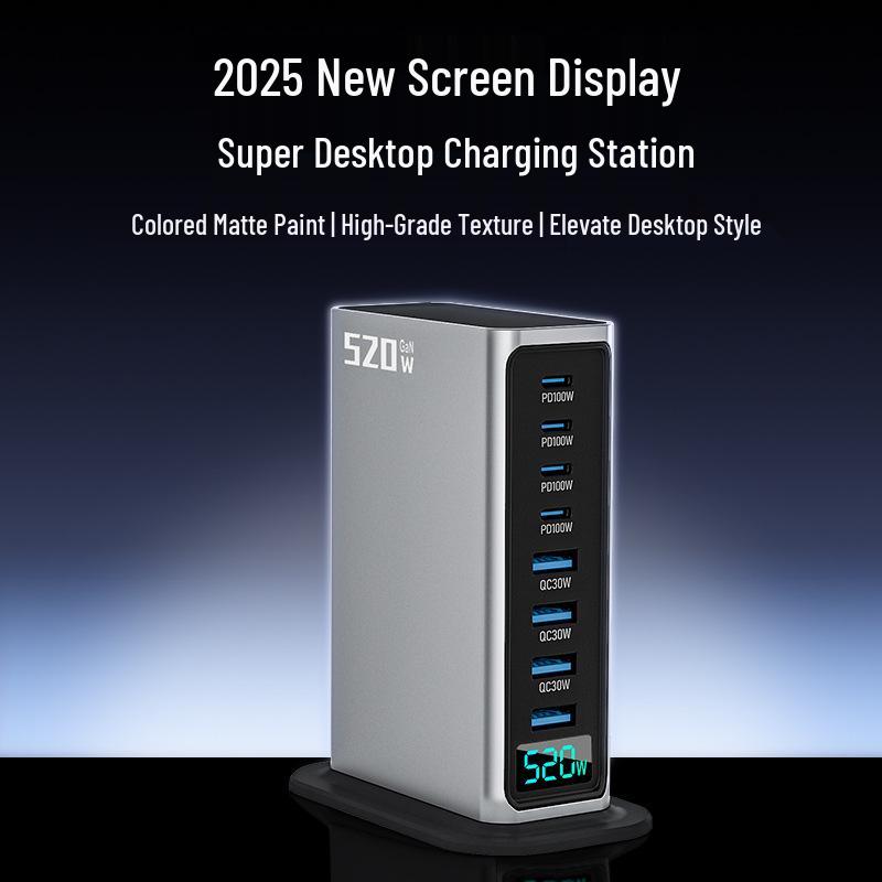 High-End 520W GaN Charger: Fast 8-Port Desktop Station with AI Digital Display