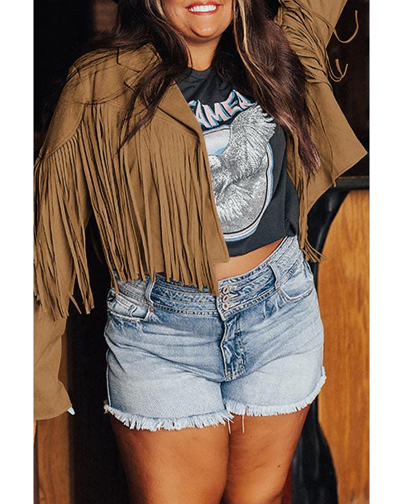 Azura Exchange Укороченная куртка Camel Fringe Plus Size