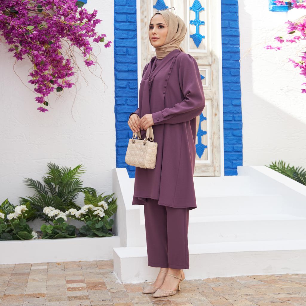 Foulard Collar Women Tunic Pants Double Suit Combine Islamic Muslim Casual Fashion Loose Summer Summer New Season Turkey