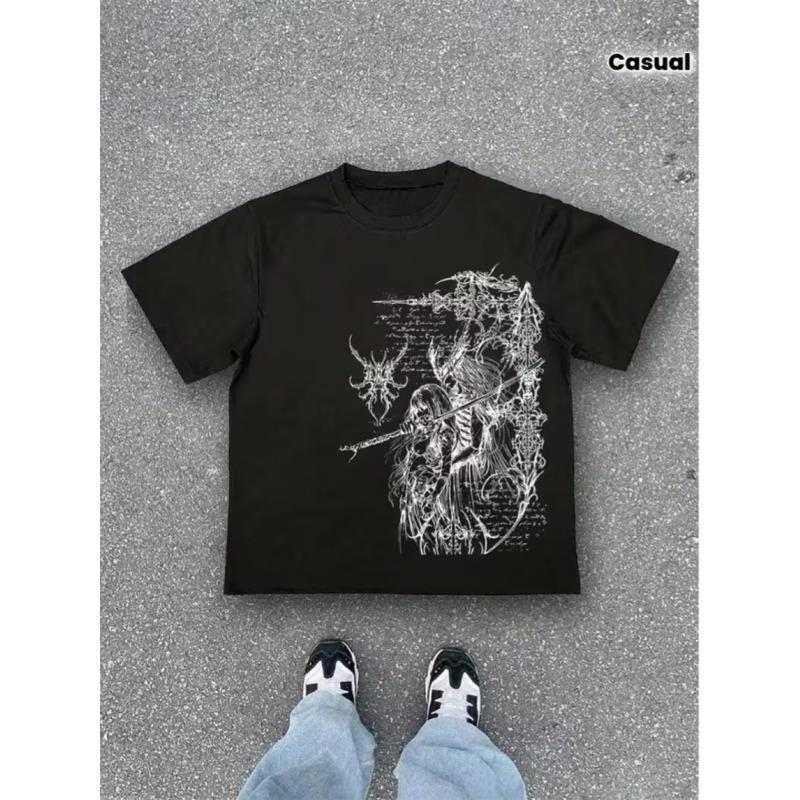 Gothic Angel Skull Printed Tshirt Heavy Metal Style Casual Round Neck Short Sleeve Ideal For Metal Music Fans